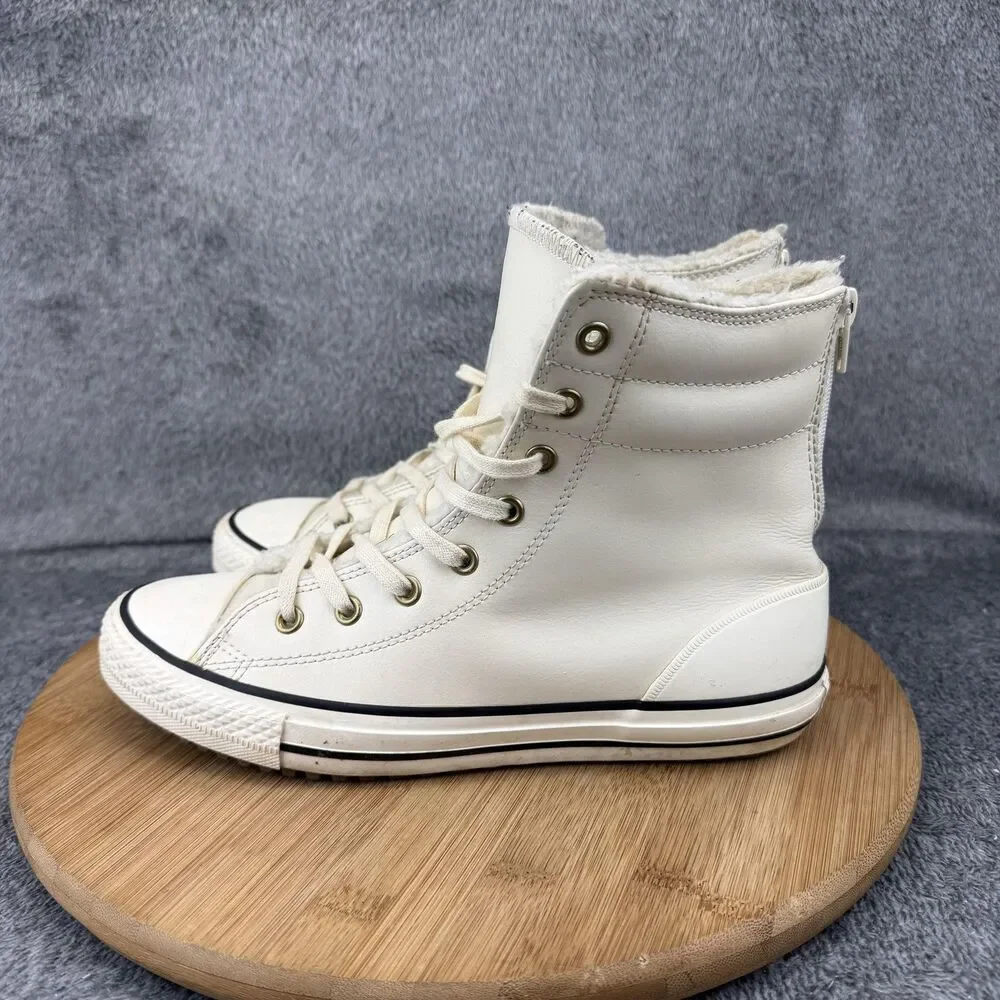 Converse Boots Girls Size 5 White Leather Faux Fur Lined Zip All Star 653389C